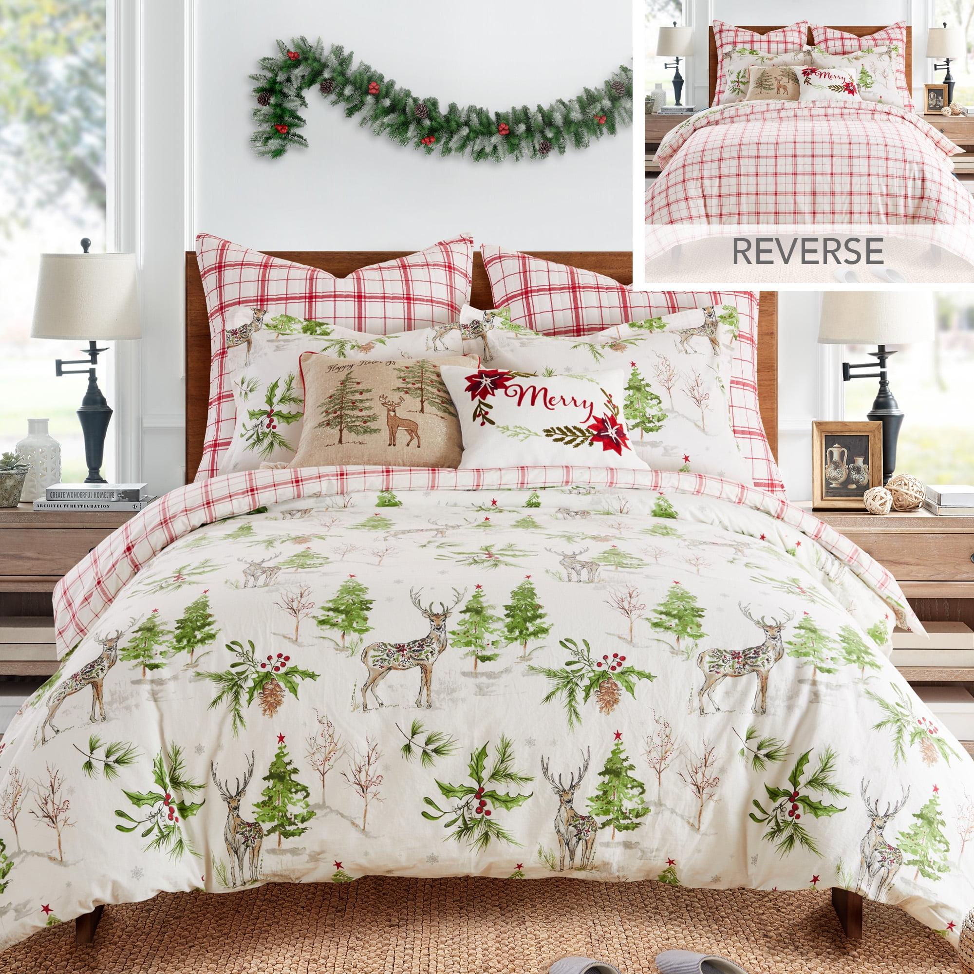 Twin White Cotton Reversible Holiday Comforter Set