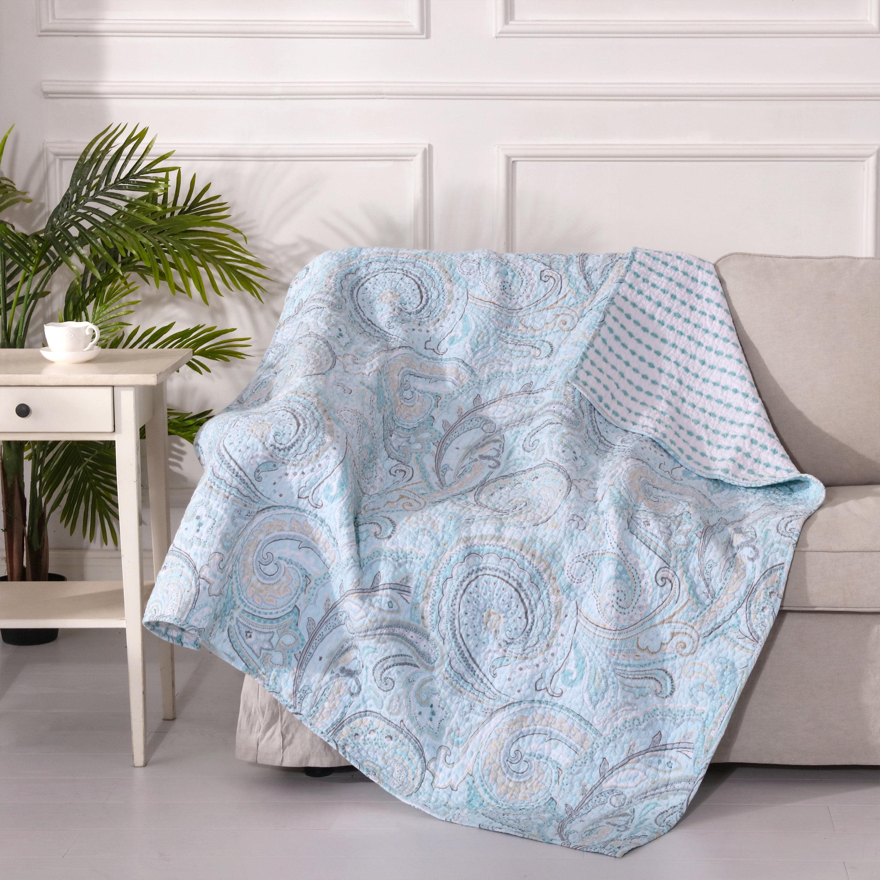 Spruce Blue and Tan Cotton Reversible Quilted Throw