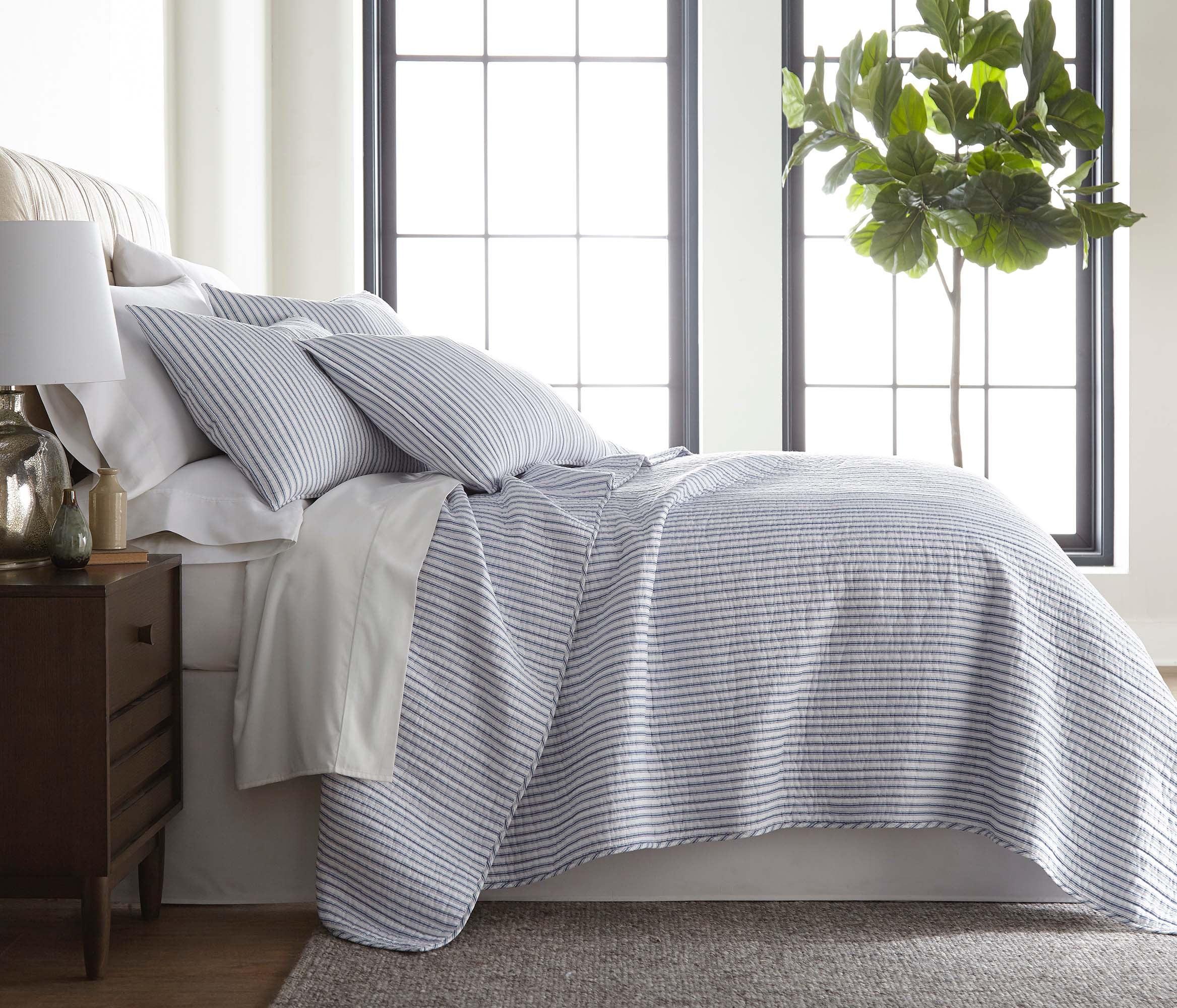 Tobago Stripe Blue Quilt Set - One Full/Queen Quilt and Two Standard Shams - Levtex Home