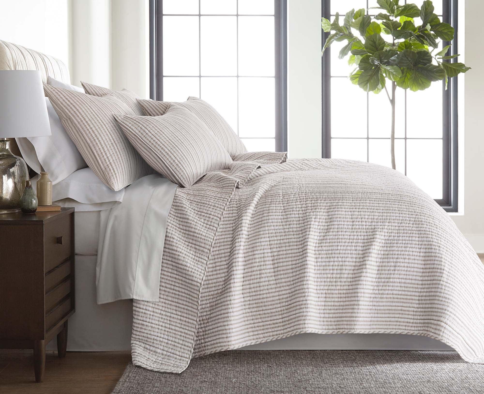 Levtex Home - Tobago Stripe Taupe Quilt Set - Twin Quilt + One Standard Pillow Sham - White, Taupe - Quilt Size (68x86in.) and Pillow Sham Size (26x20in.) - Reversible - Cotton Fabric