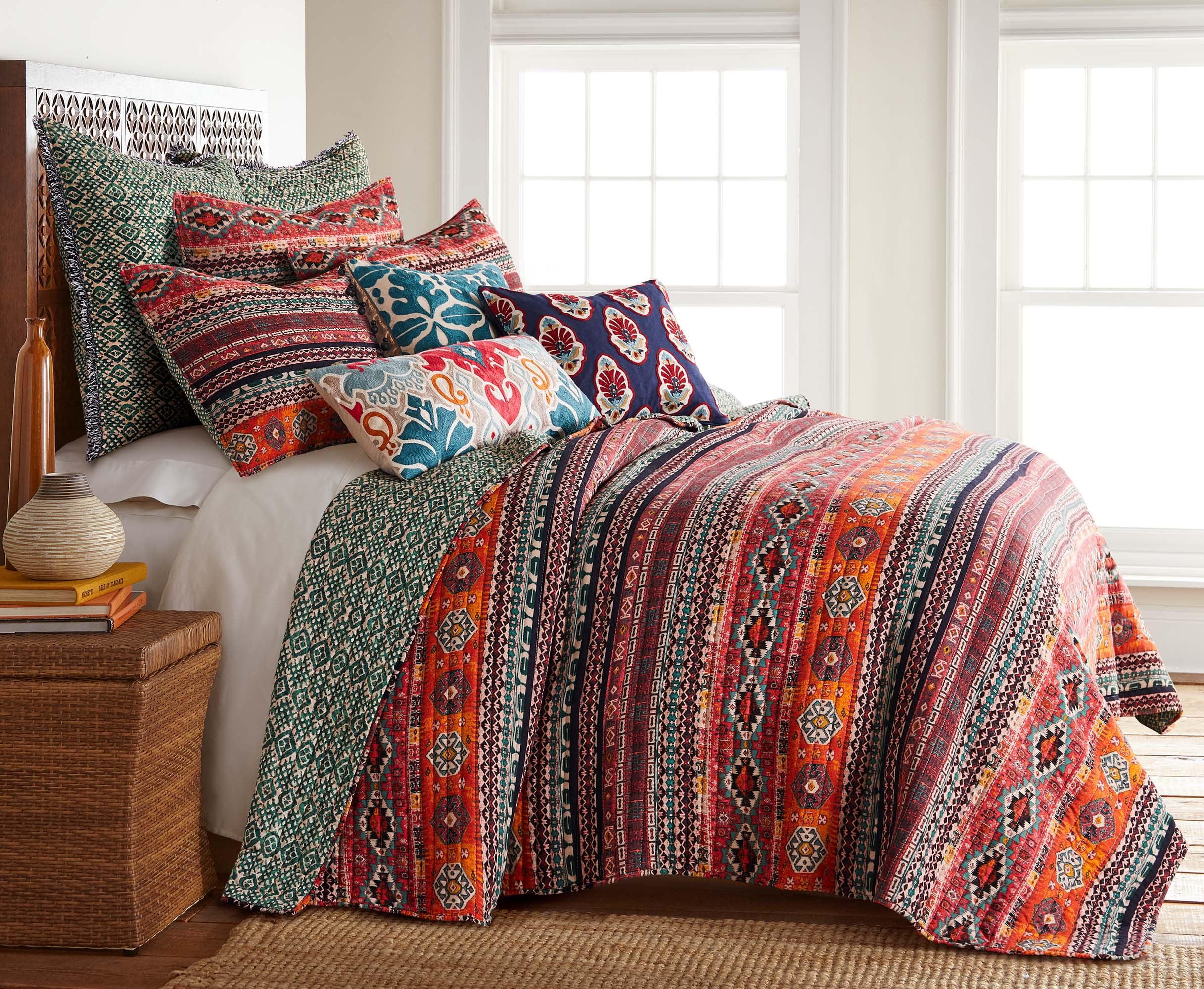 Vista Aztec Stripe Quilt Set - Full/Queen Quilt and Two Standard Pillow Shams Orange, Green, Black - Levtex Home