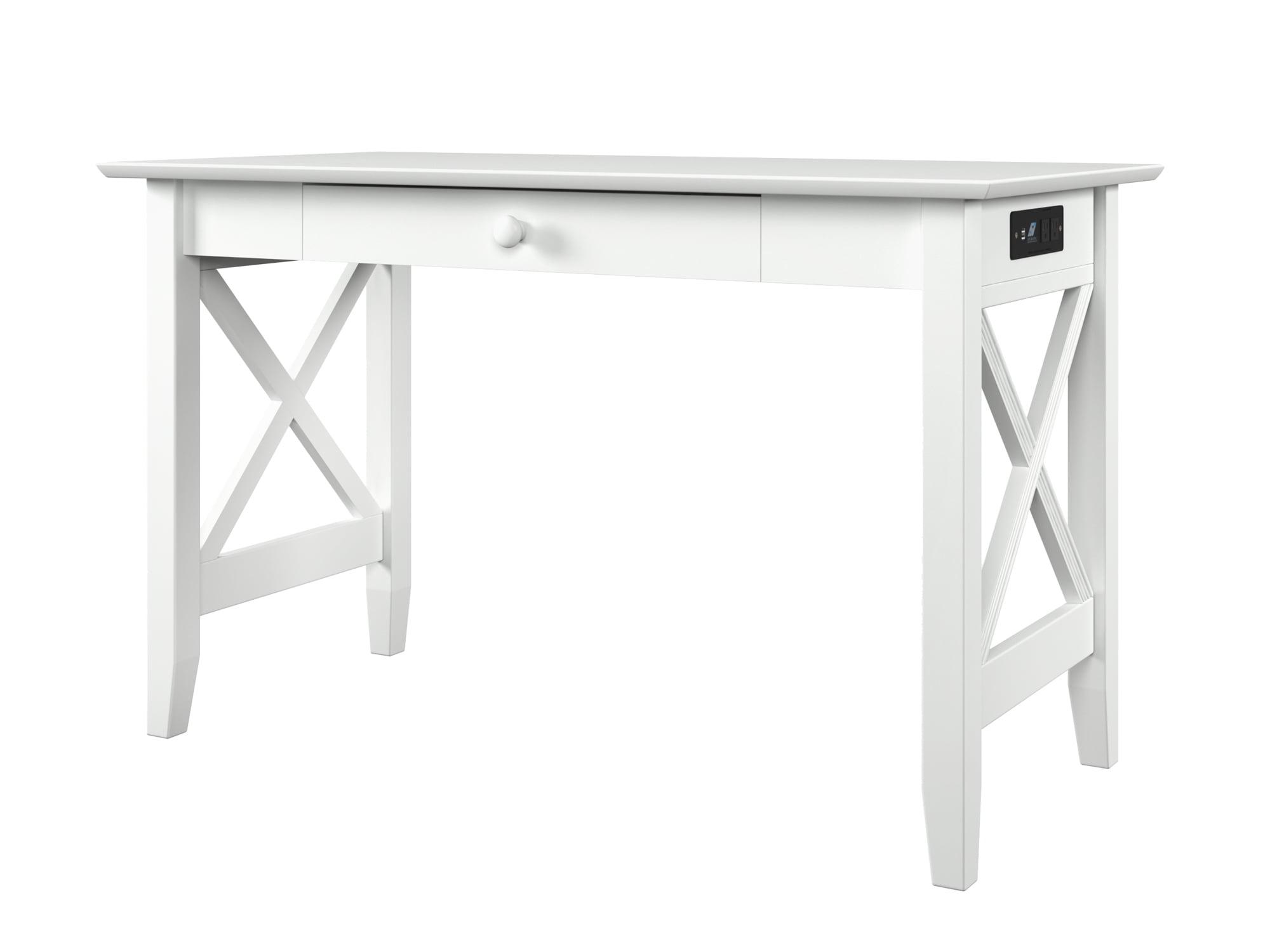 48" White Solid Wood Writing Desk with Charging Drawer