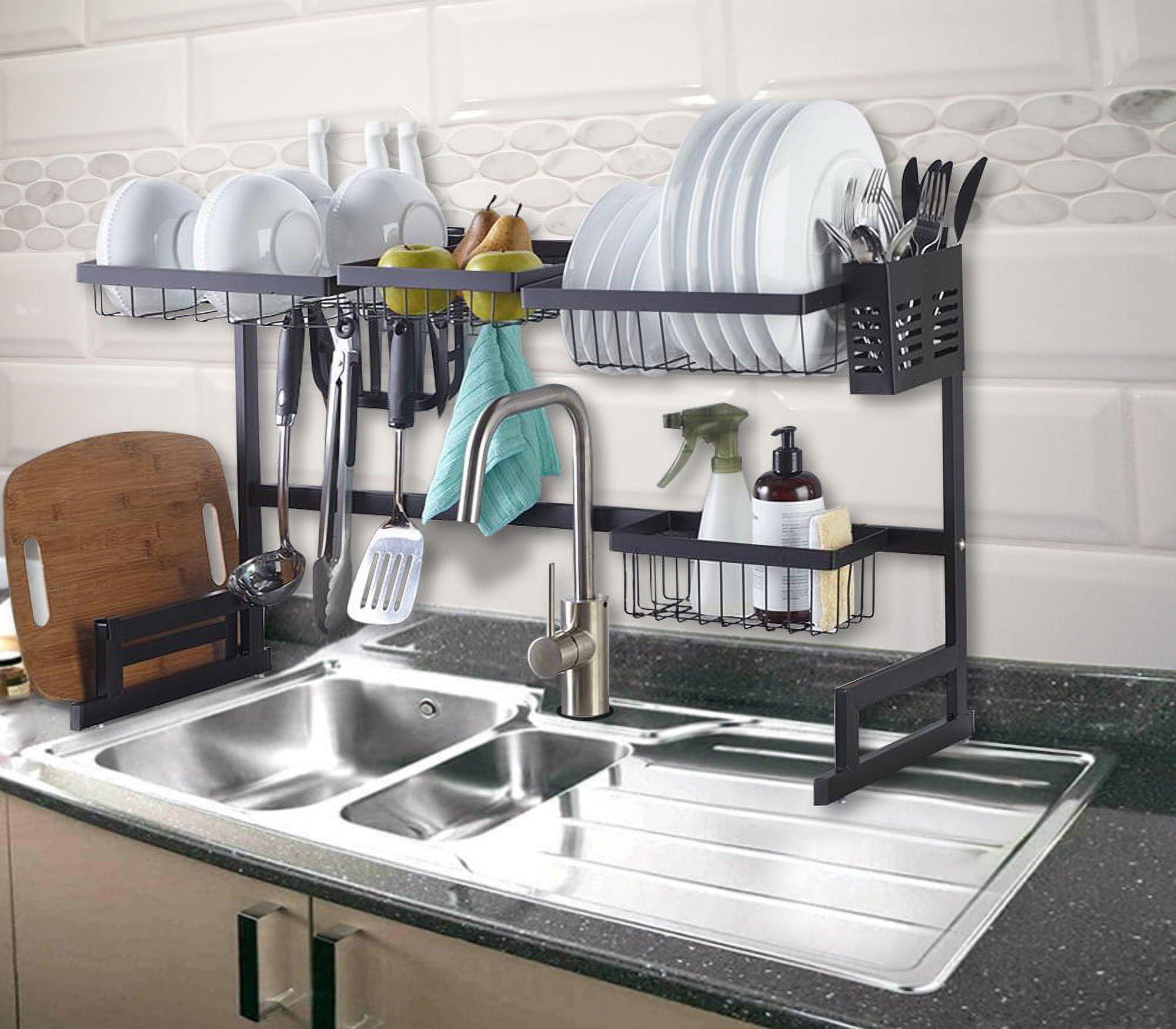 Black Powder-Coated Metal Over-the-Sink Dish Rack with Utensil Cup