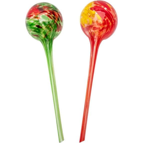 Lexi Home Plant Watering Globes Hand Blown Glass Self Watering Bulbs, Green/Yellow 2-Pack