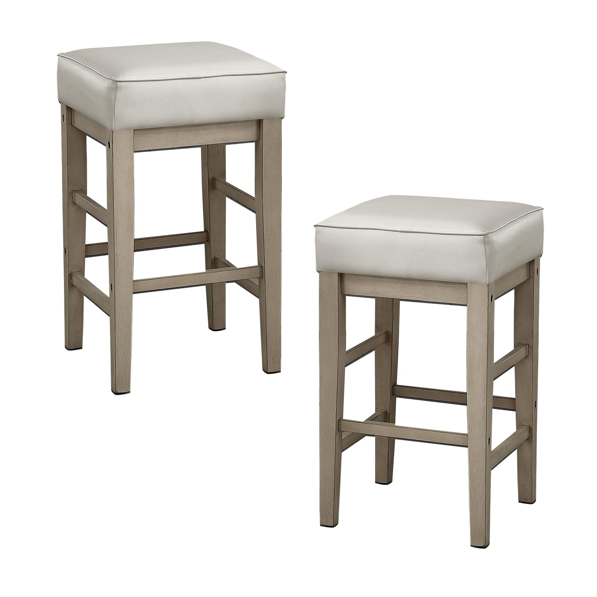 White Faux Leather and Wood Backless Counter Stools, 24 Inch