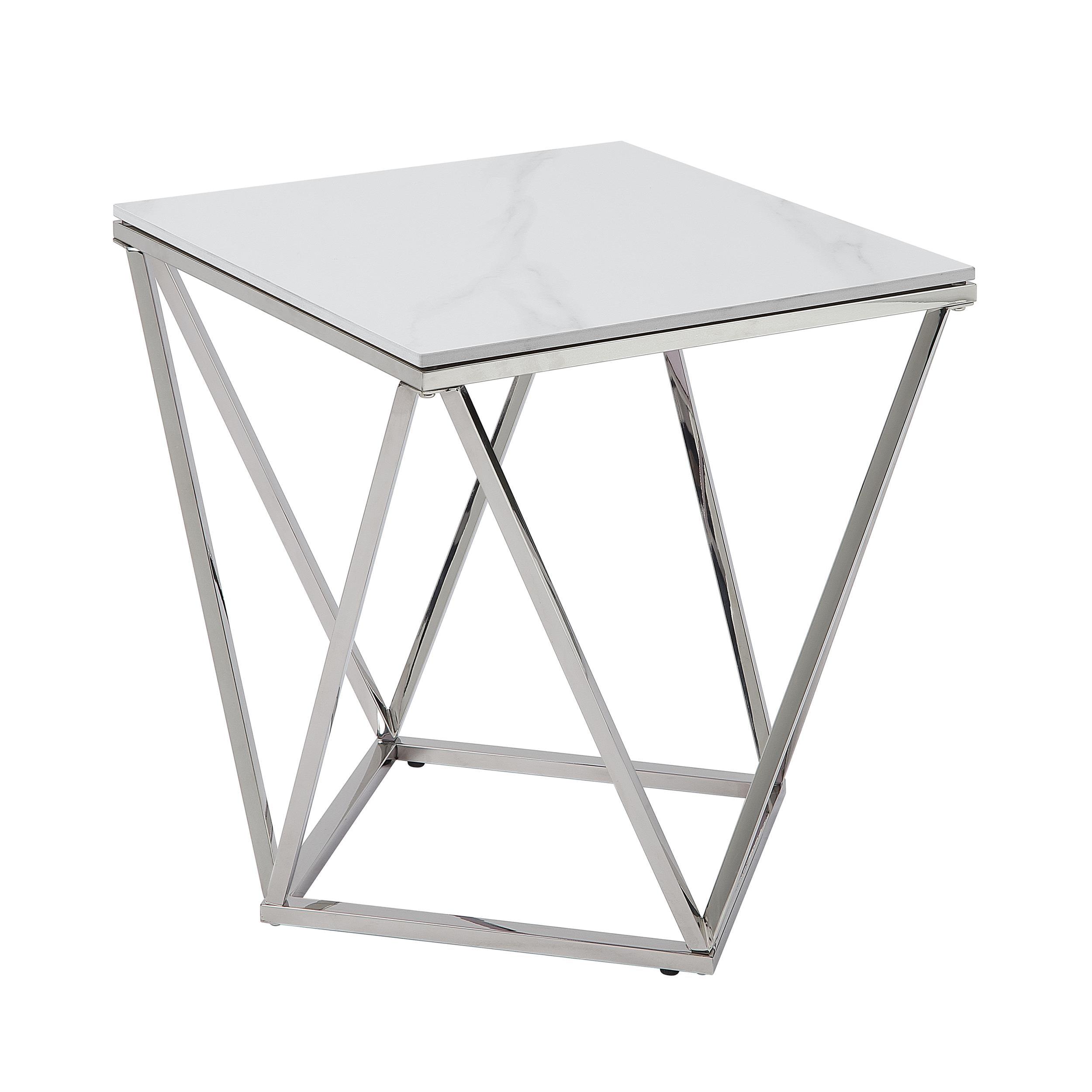 Alfeo White Stone and Silver Steel Square End Table