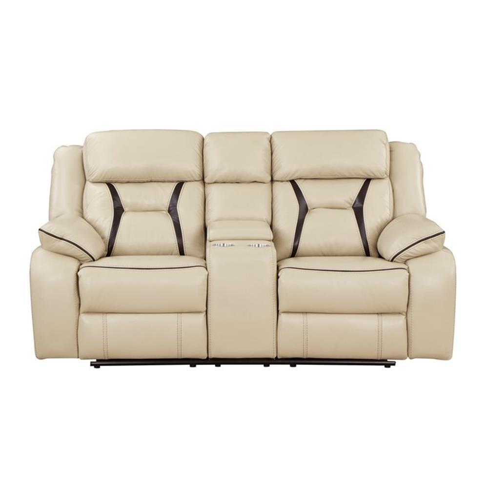 Beige Faux Leather Reclining Loveseat with Cup Holder