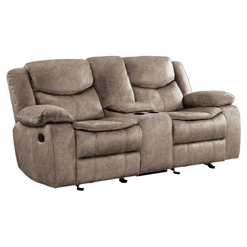 Brown Faux Leather Reclining Loveseat with Cup Holder