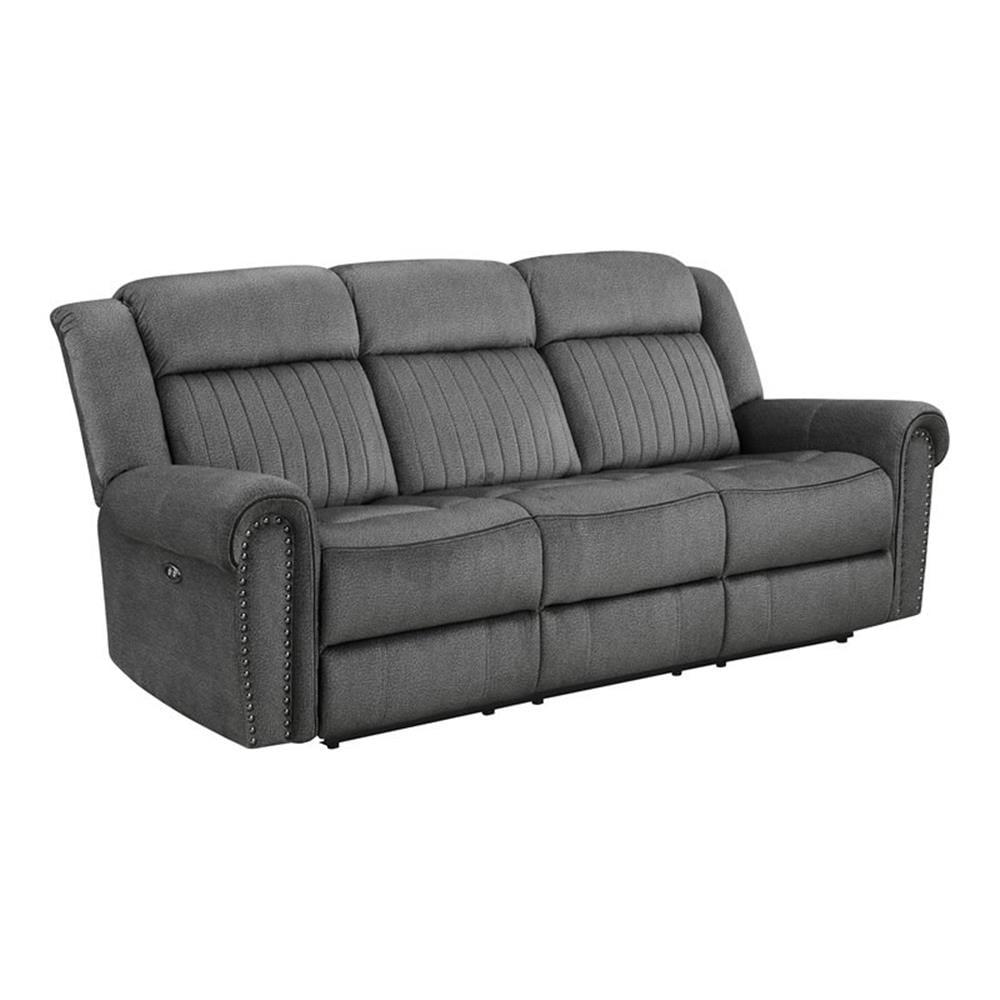 Charcoal Gray Microfiber Power Reclining Sofa with Nailhead Trim