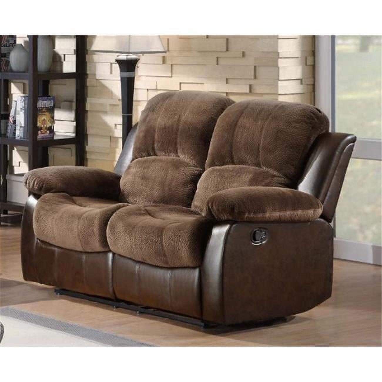 Brown Tufted Faux Leather Reclining Loveseat with Wood Frame