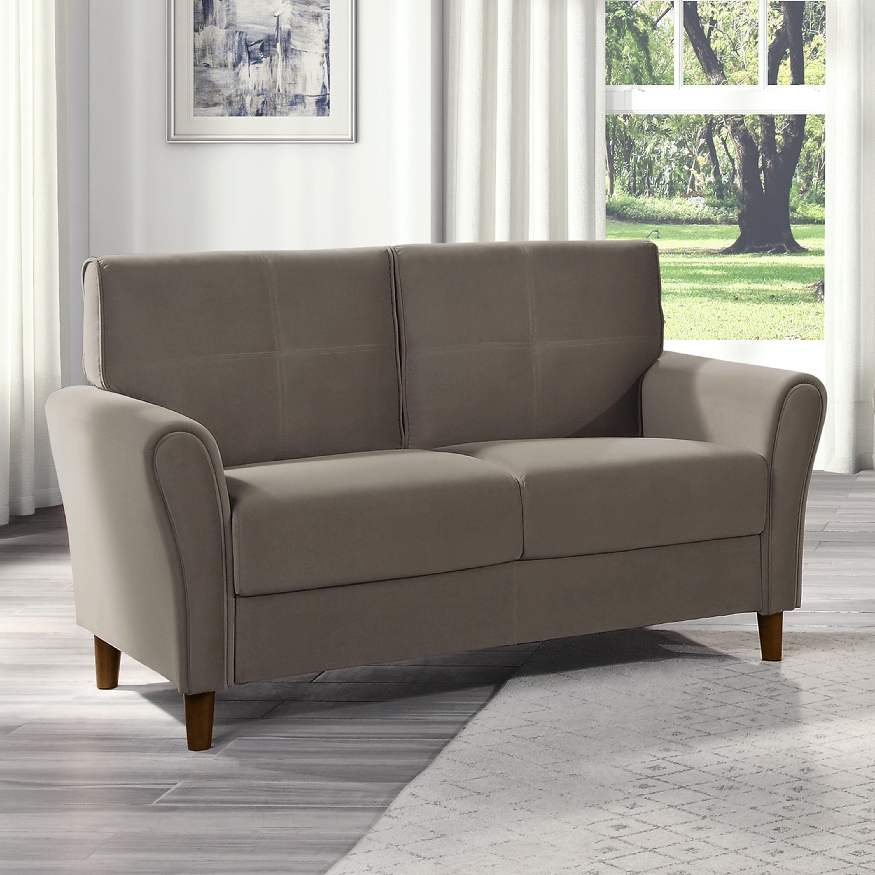 Brown Velvet Tufted Loveseat with Flared Arms and Wood Frame