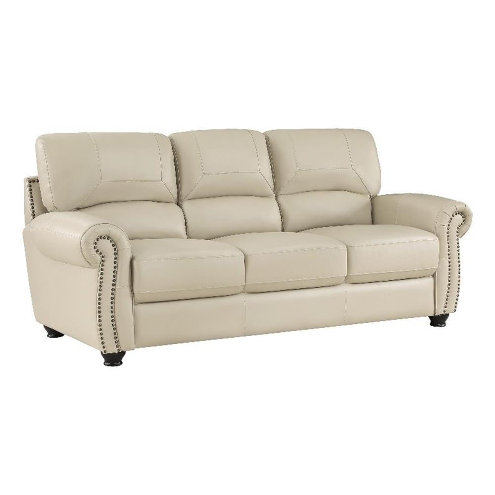 Cream Faux Leather Tufted Sofa with Nailhead Trim