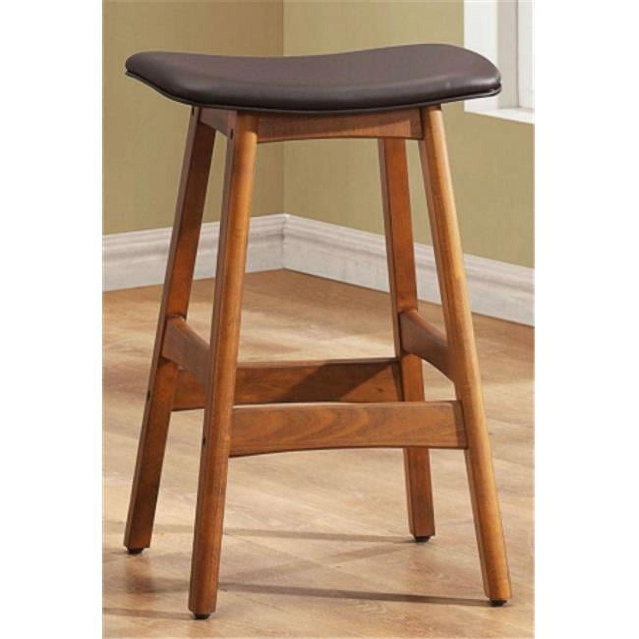 Brown Faux Leather Saddle Counter Stool with Walnut Wood Frame