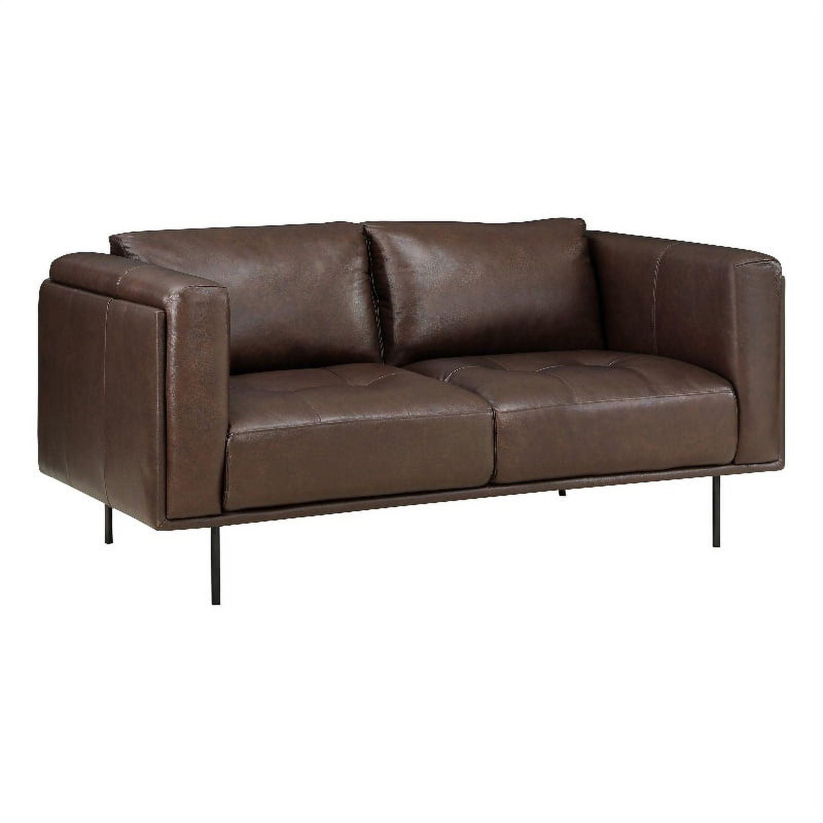 Soren 63" Brown Tufted Leather Loveseat with Wood Frame