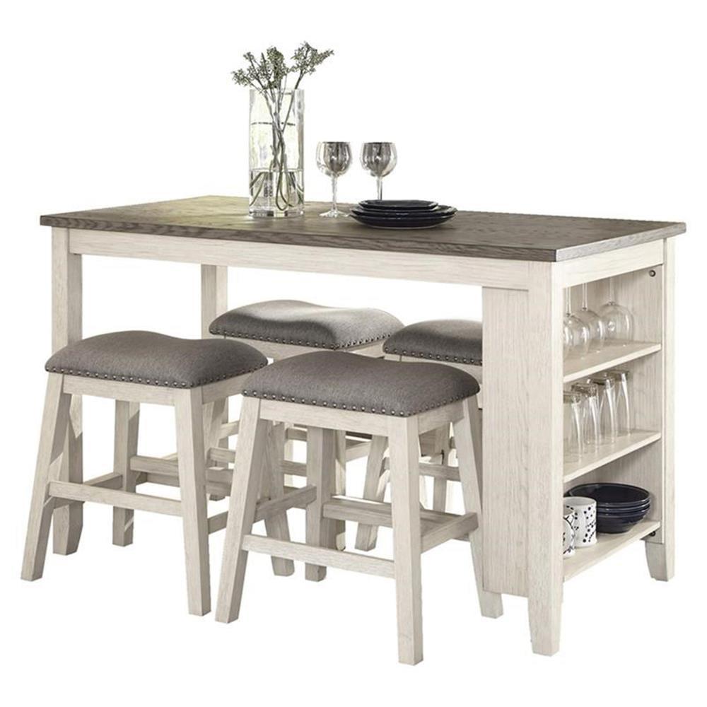 White and Gray Acacia Wood Counter Height Dining Set with Shelves