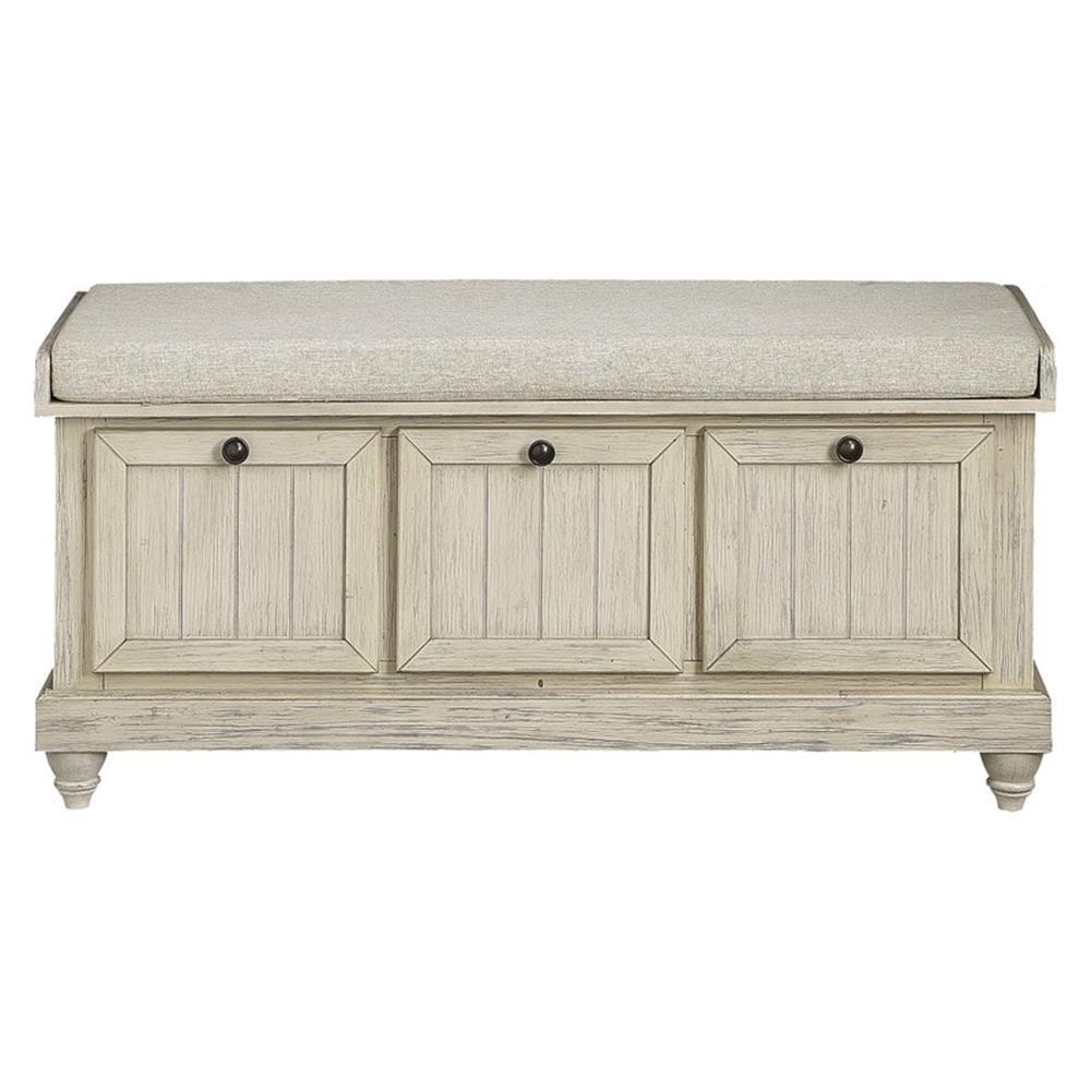 Distressed White Wood Storage Bench with Gray Cushion