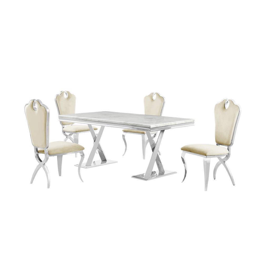 Lexim Cream and Silver Faux Marble 5-Piece Dining Set