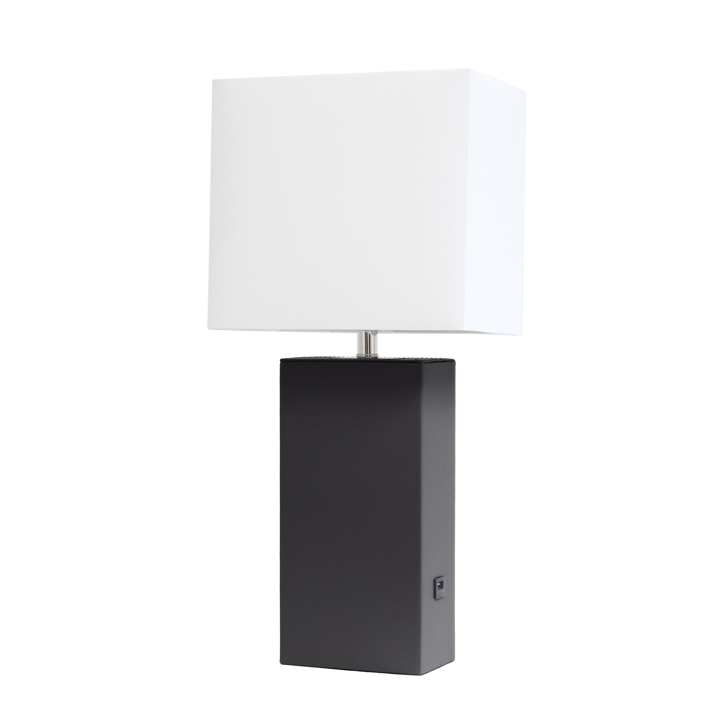 Lalia Home 21" Lexington Leather Base Modern Home Decor Bedside Table Lamp with USB Charging Port and Fabric Shade Black/White: UL Listed