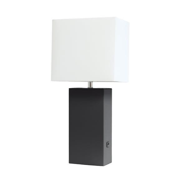Lalia Home 21" Lexington Leather Base Modern Home Decor Bedside Table Lamp with USB Charging Port and Fabric Shade Black/White: UL Listed