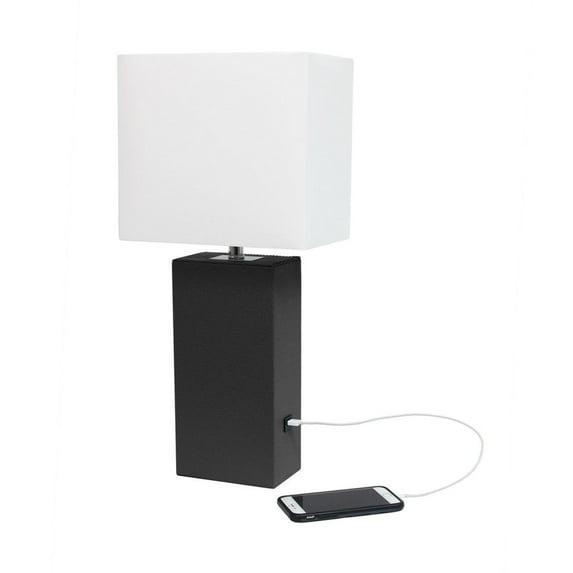 Lalia Home 21" Lexington Leather Base Modern Home Decor Bedside Table Lamp with USB Charging Port and Fabric Shade Black/White: UL Listed