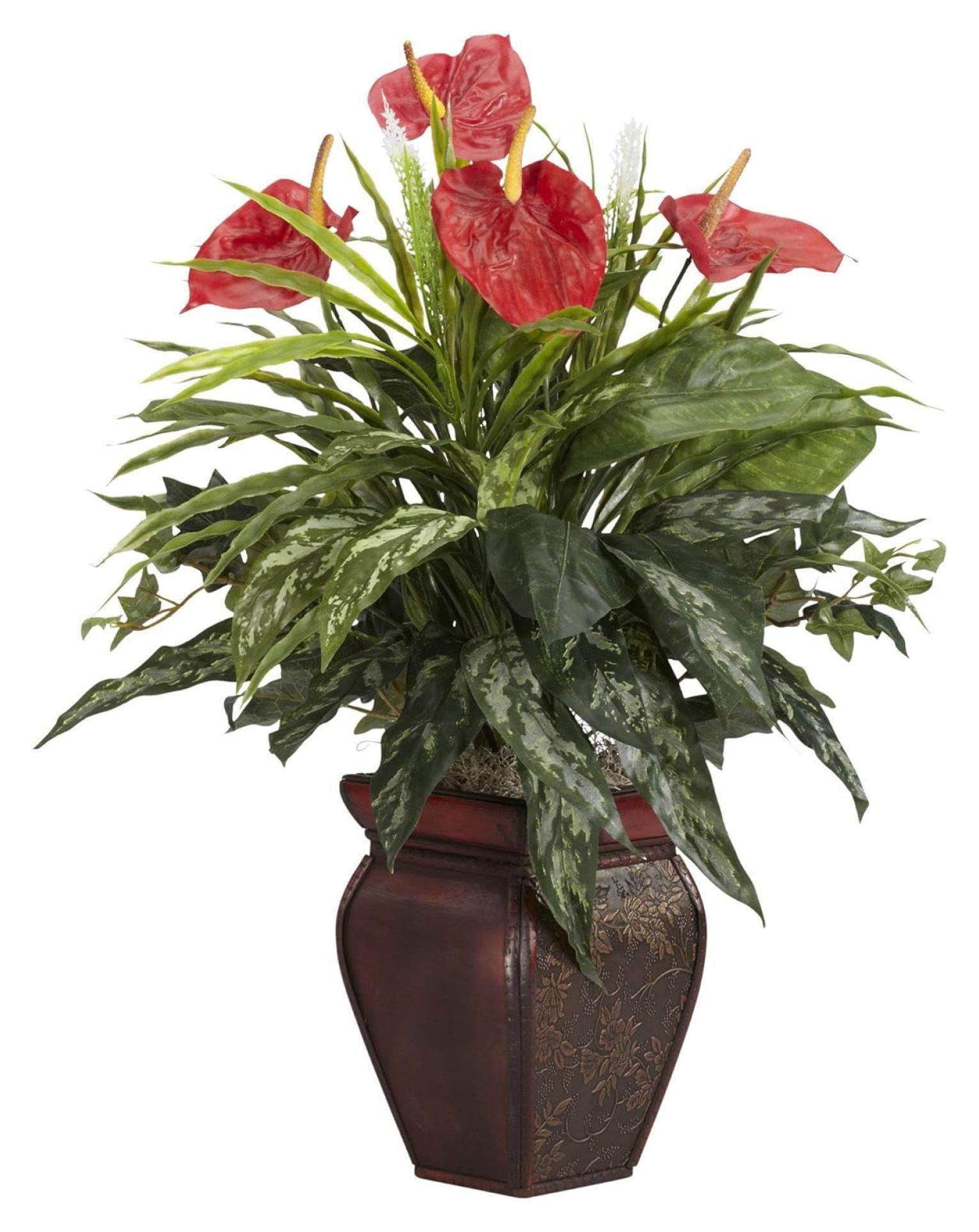 Li shun jin Mixed Greens & Anthurium with Decorative Vase Silk Plant