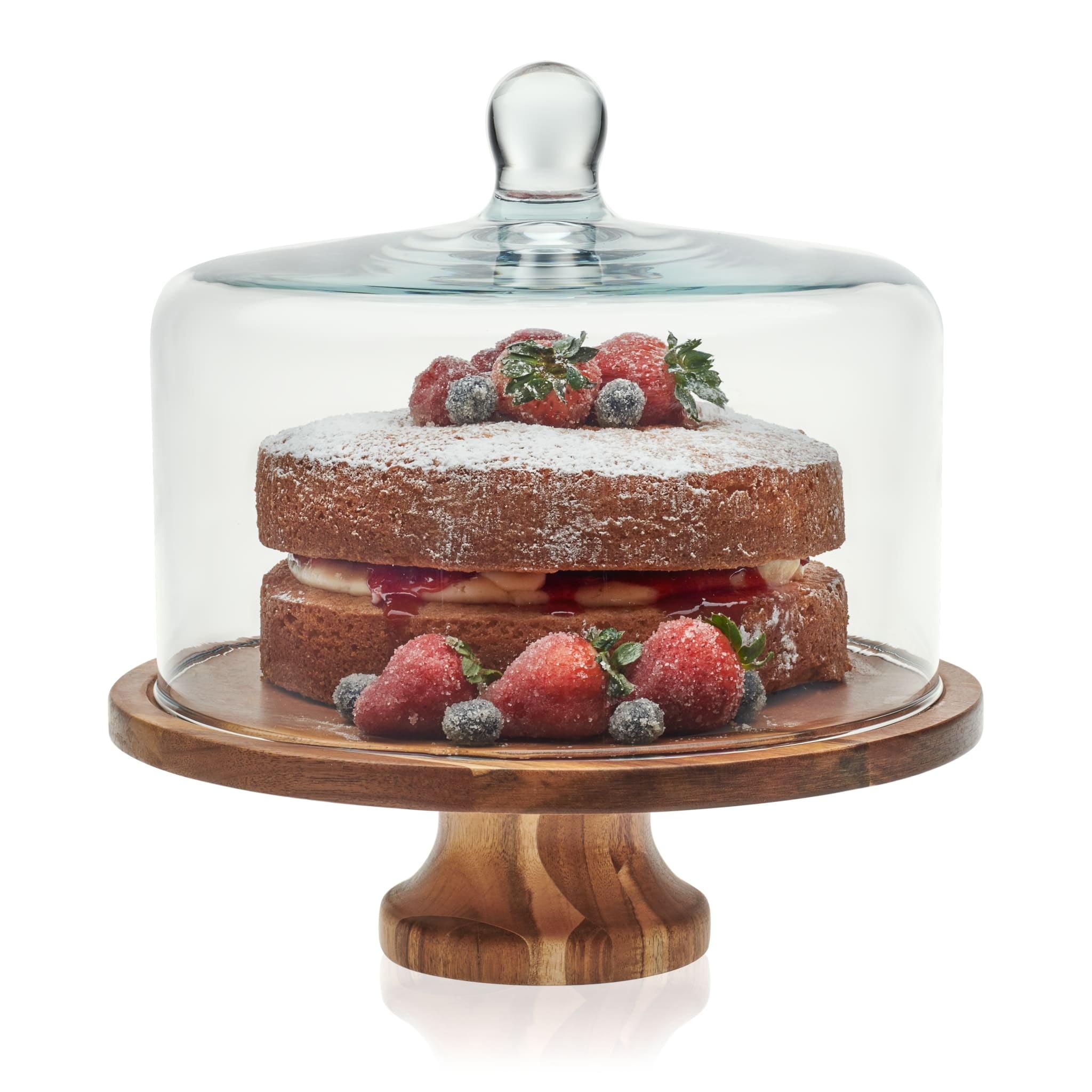 Libbey Acacia Wood Cake Stand with Lid, Footed Round Cake Container, Ball Top Handle Covered Cake Stand, Durable Glass Dome Cover