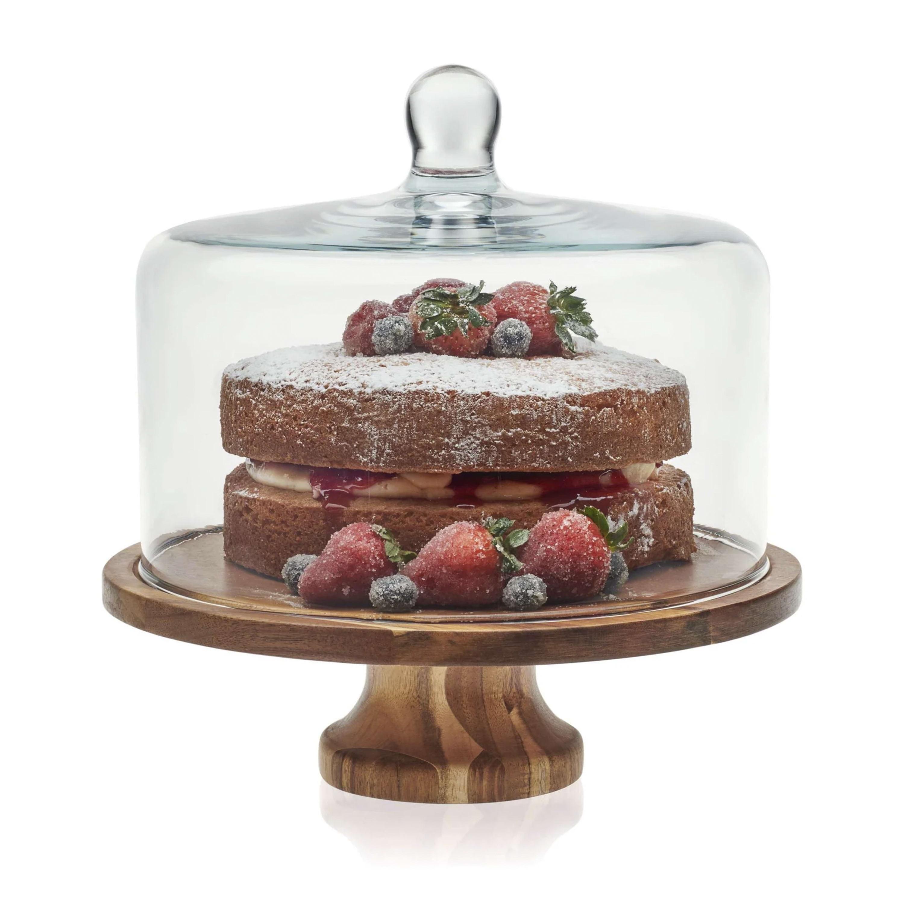 Acacia Wood Pedestal Cake Stand with Glass Dome