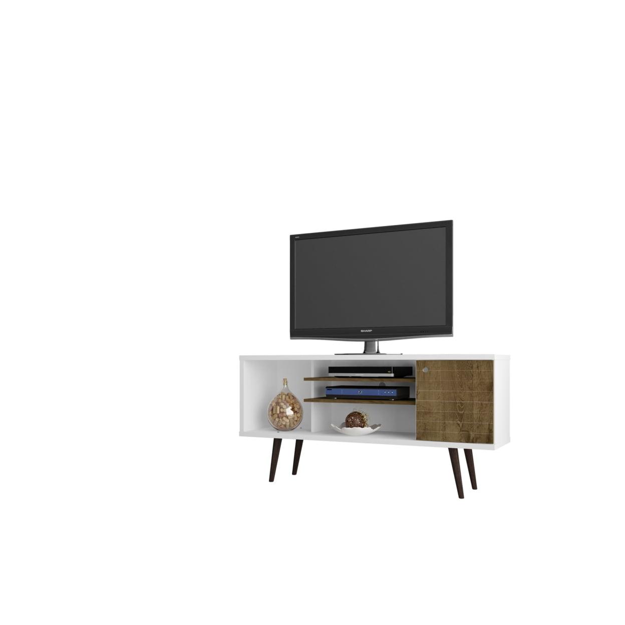 Rustic Brown and White Solid Wood TV Stand with Cabinet, 54"