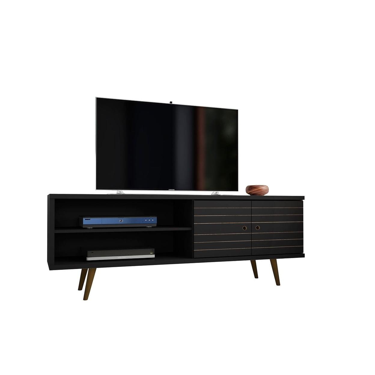 Liberty 62.99" Mid-Century Modern TV Stand with 3 Shelves and 2 Doors  with Solid Wood Legs