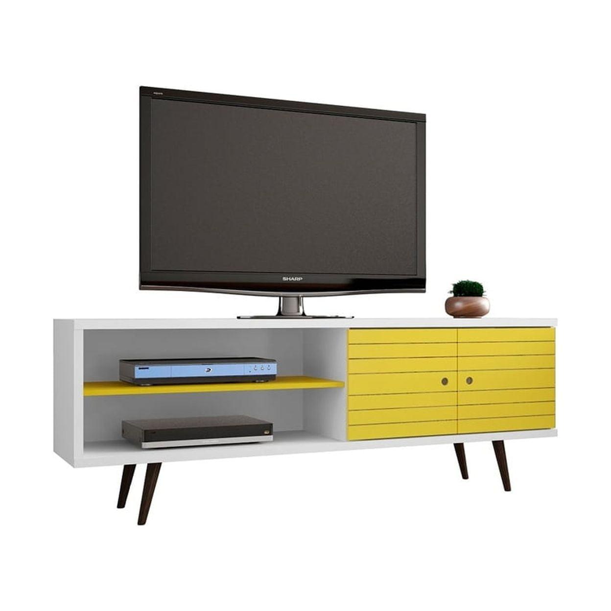 Liberty 63" Mid-Century Modern White and Yellow TV Stand with Cabinet