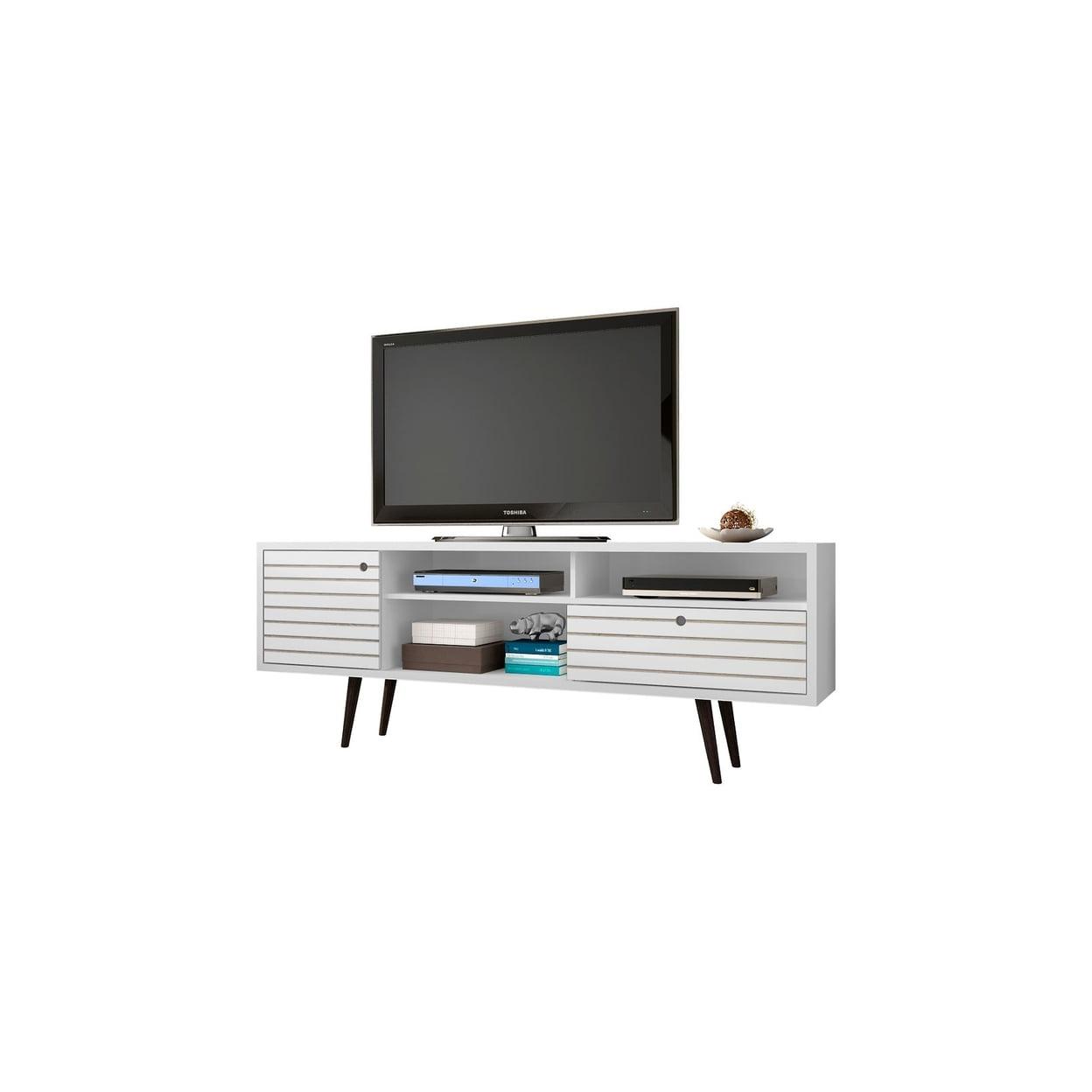 White Mid-Century Modern TV Stand with Cabinet and Shelves