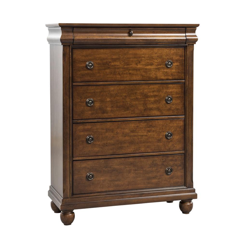 Rustic Cherry 5-Drawer Chest with Antique Brass Hardware