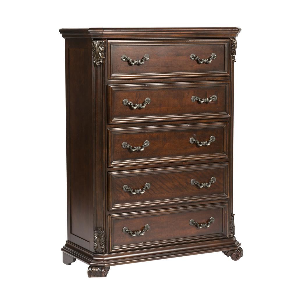 Cognac Brown Traditional 5-Drawer Chest with Felt Lined Drawer