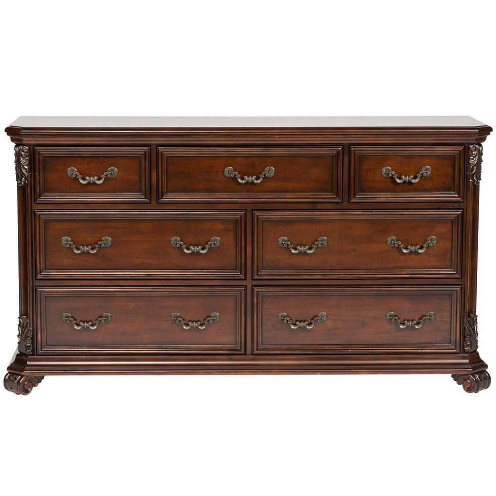 Cognac Traditional 7-Drawer Dresser with Antique Brass Hardware