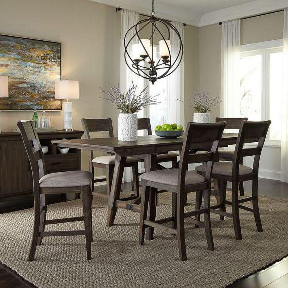 Dark Chestnut 7-Piece Gathering Table Set with Gray Linen Chairs