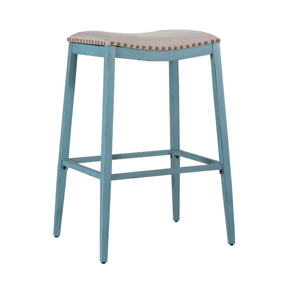 Vintage Blue Backless Upholstered Barstool with Metal Frame