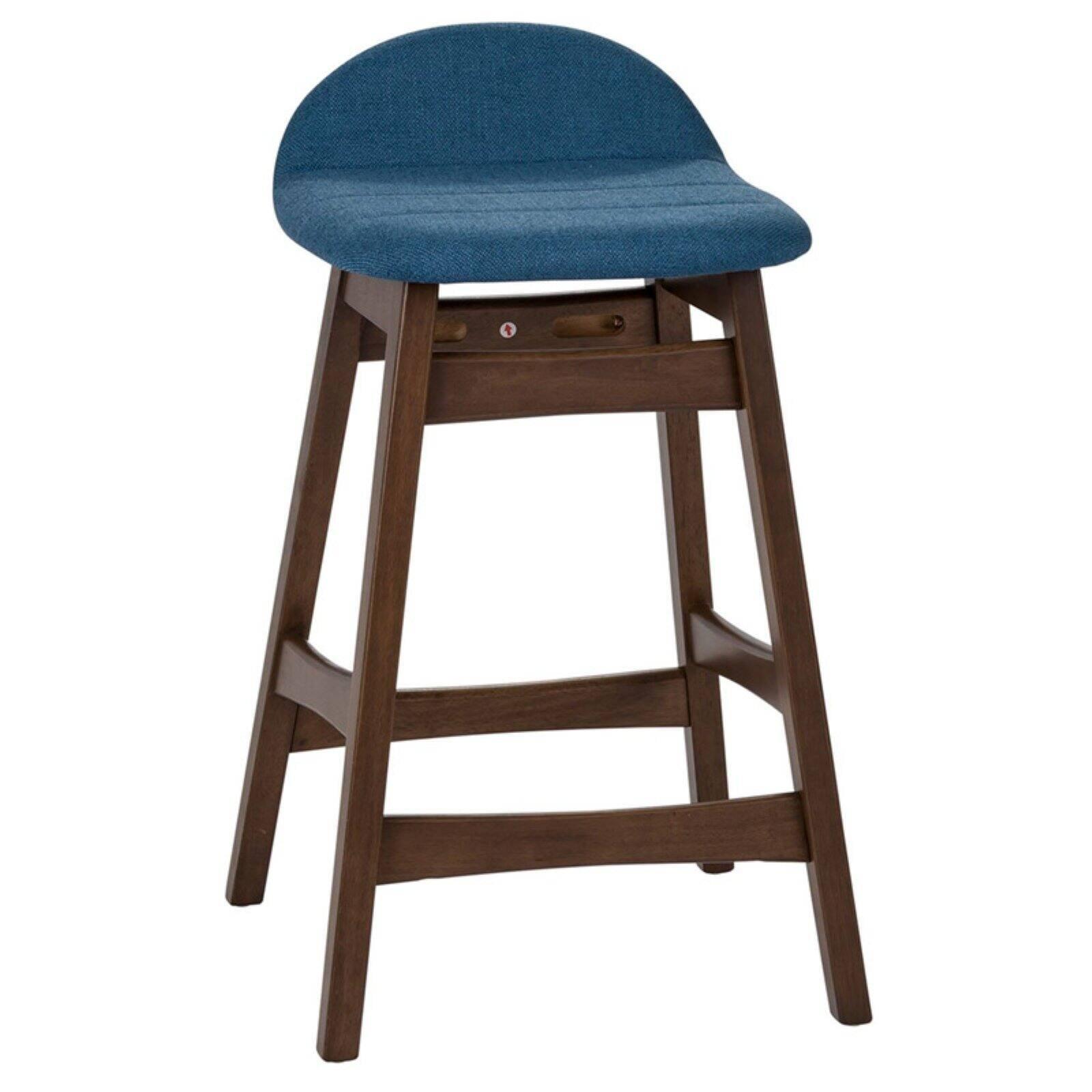 Blue Linen Upholstered Walnut Counter Stool