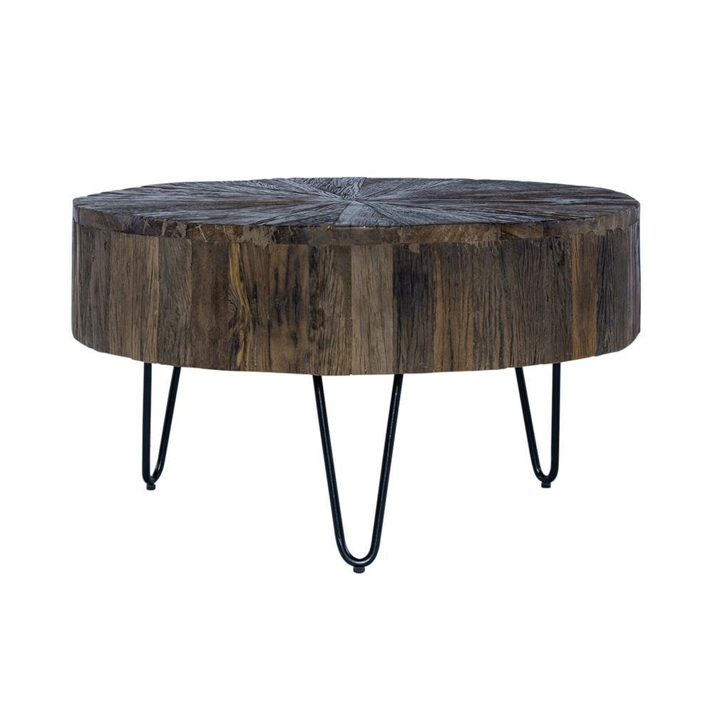 Rustic Oval Brown Wood and Metal Cocktail Table