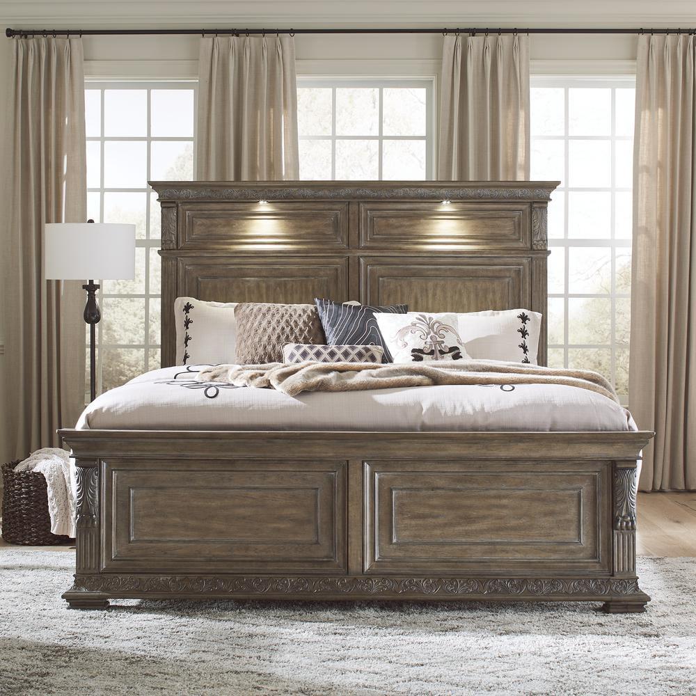 Chestnut King Wood Panel Bed with Lighted Upholstered Headboard