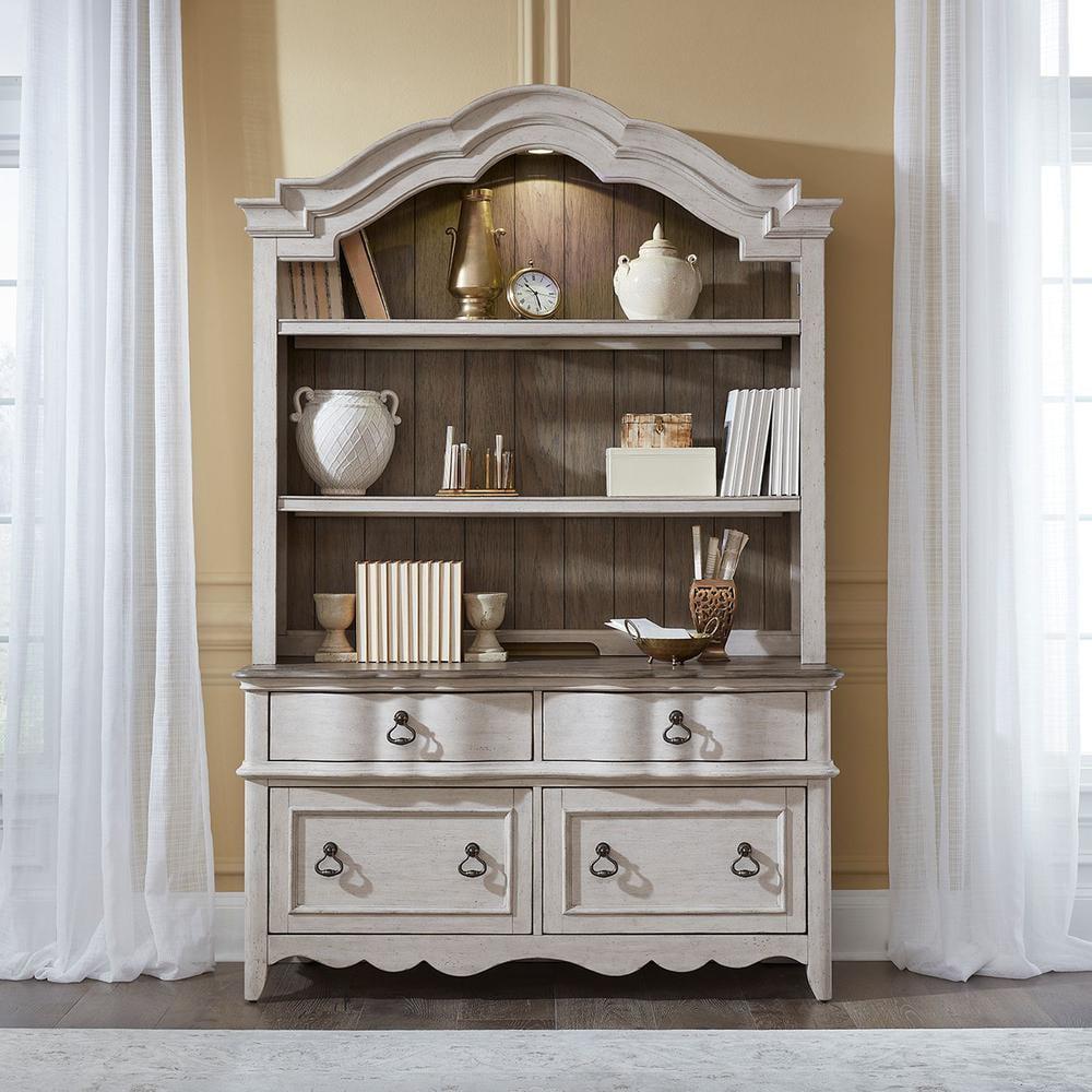 Antique White Lighted China Cabinet with Taupe Wood Top