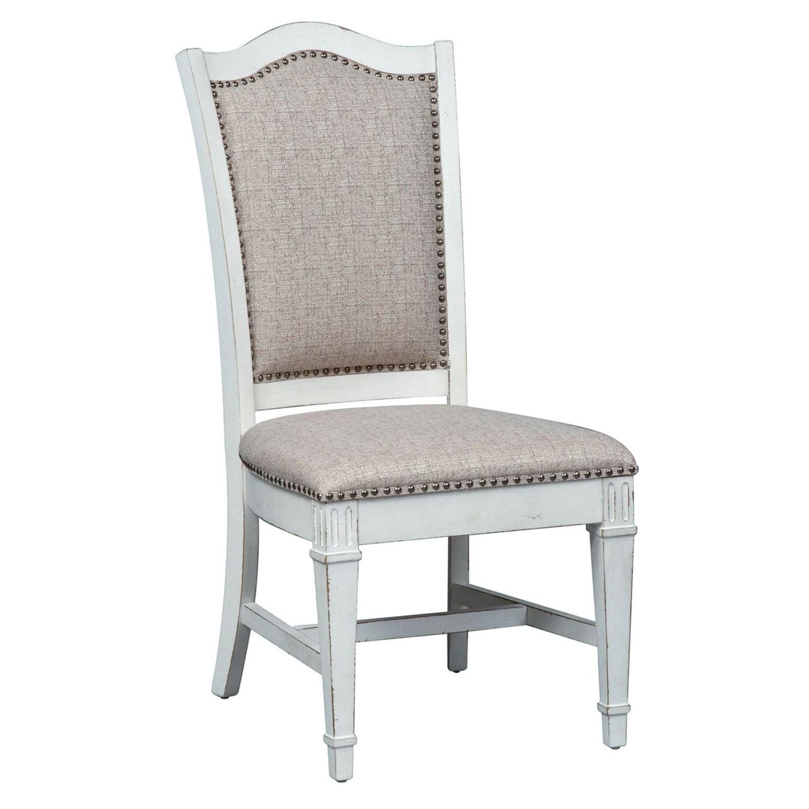 Antique White Upholstered Wood Side Chair with Nailhead Trim