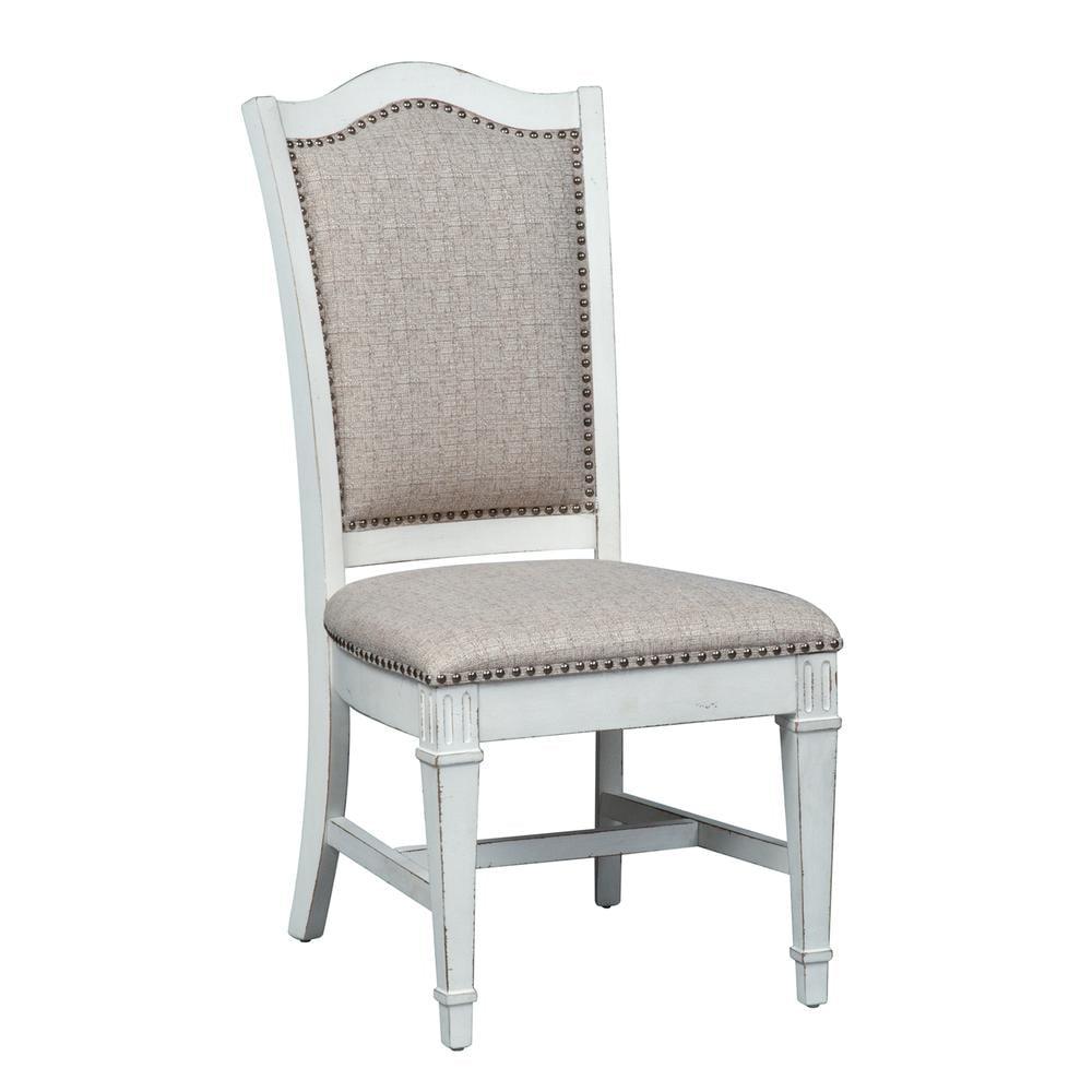 Antique White Upholstered Wood Side Chair with Nailhead Trim