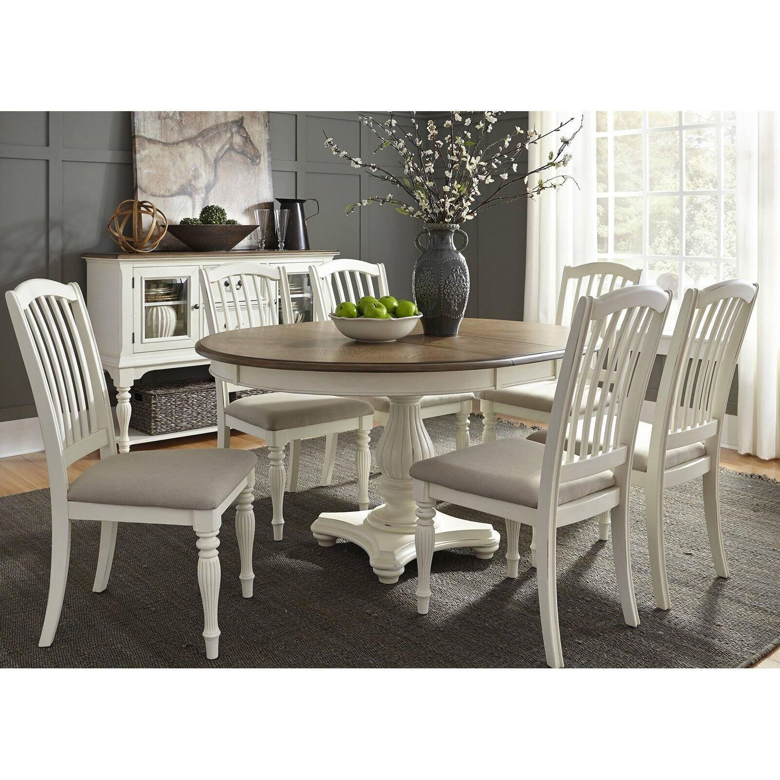 Nutmeg and White Oval Pedestal Dining Table Set with 6 Chairs