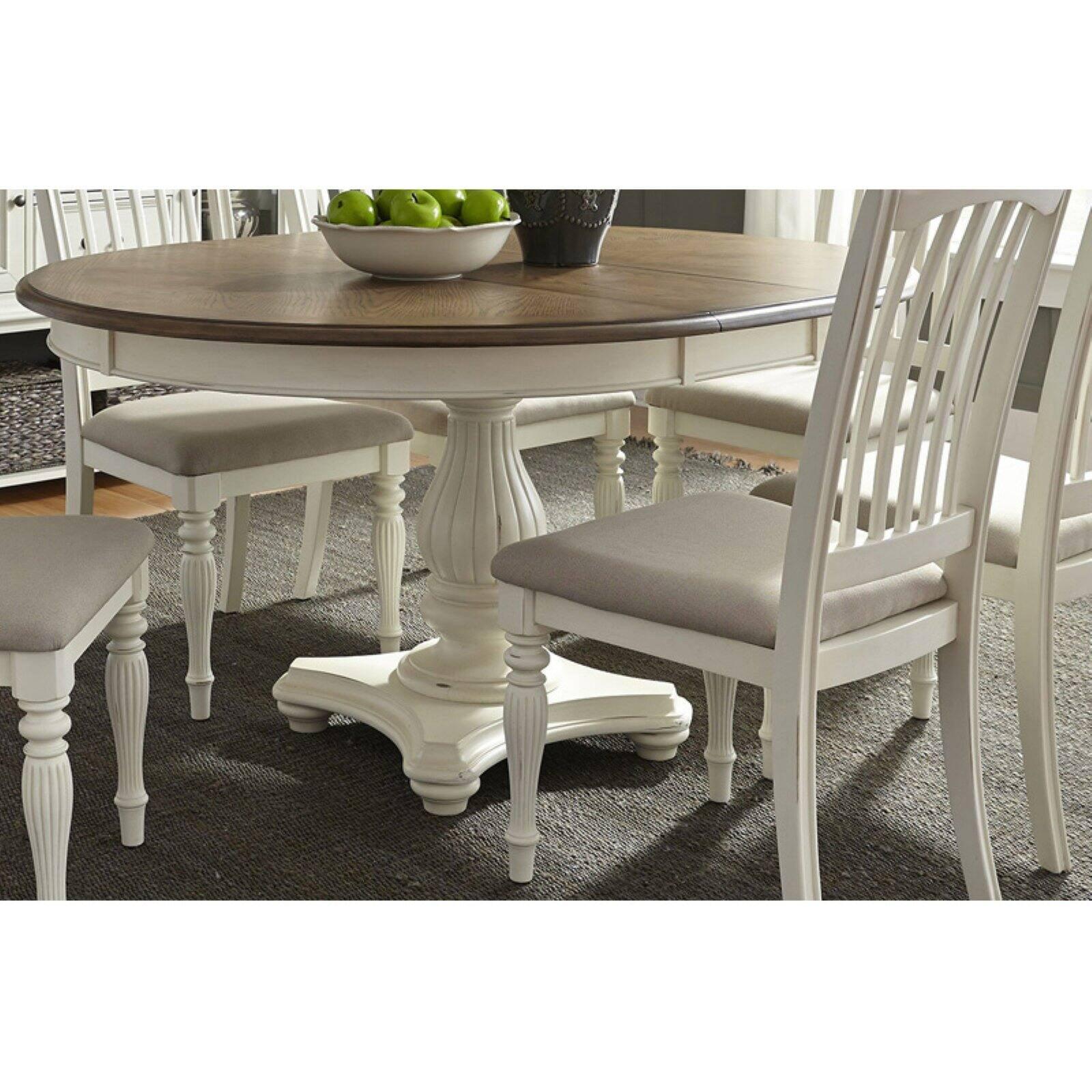 White and Nutmeg Extendable Round Farmhouse Dining Table