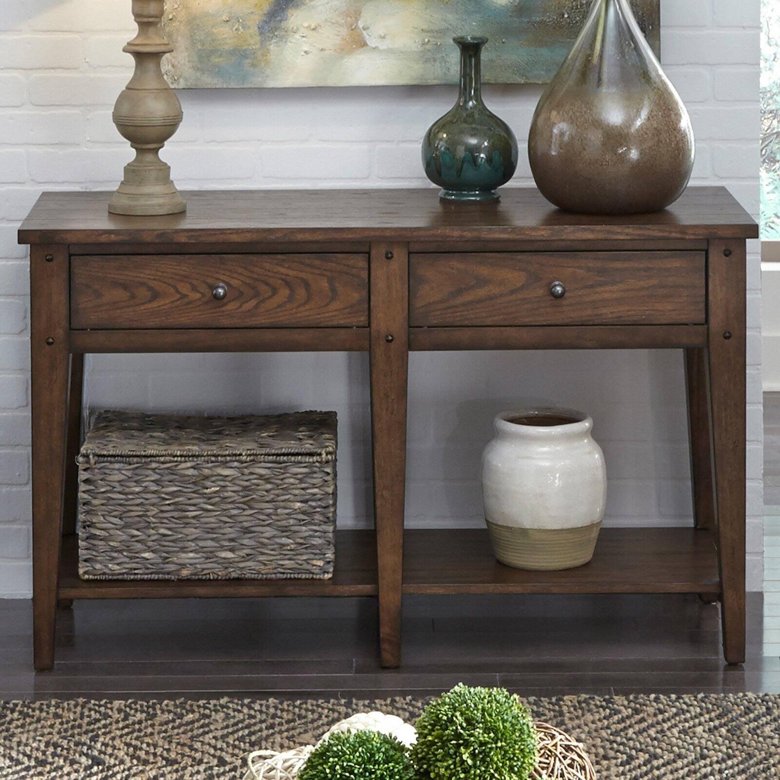 Rustic Brown Oak Rectangular Console Table with Storage