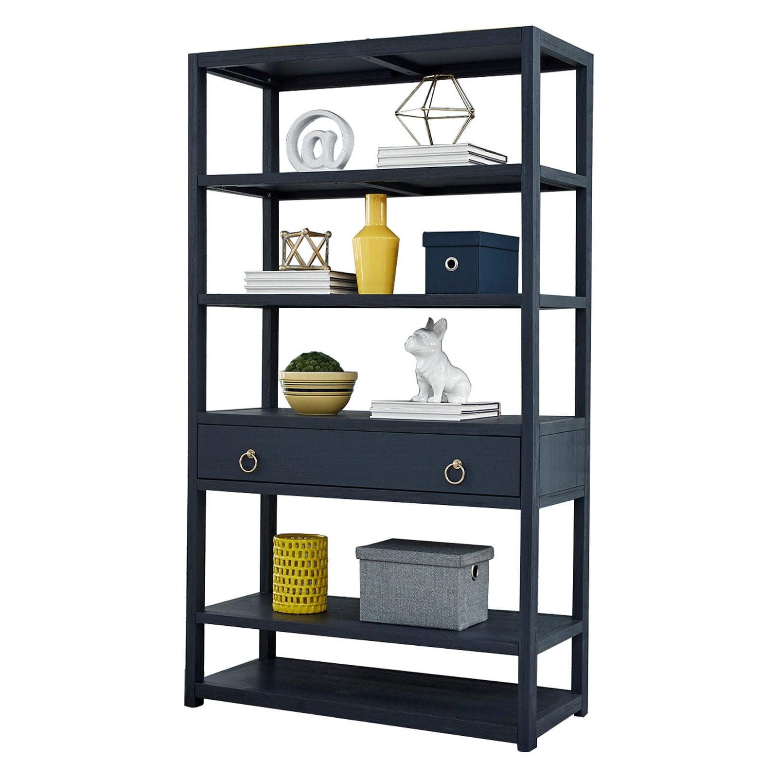 Gray Acacia Transitional Bookcase with Brass Hardware