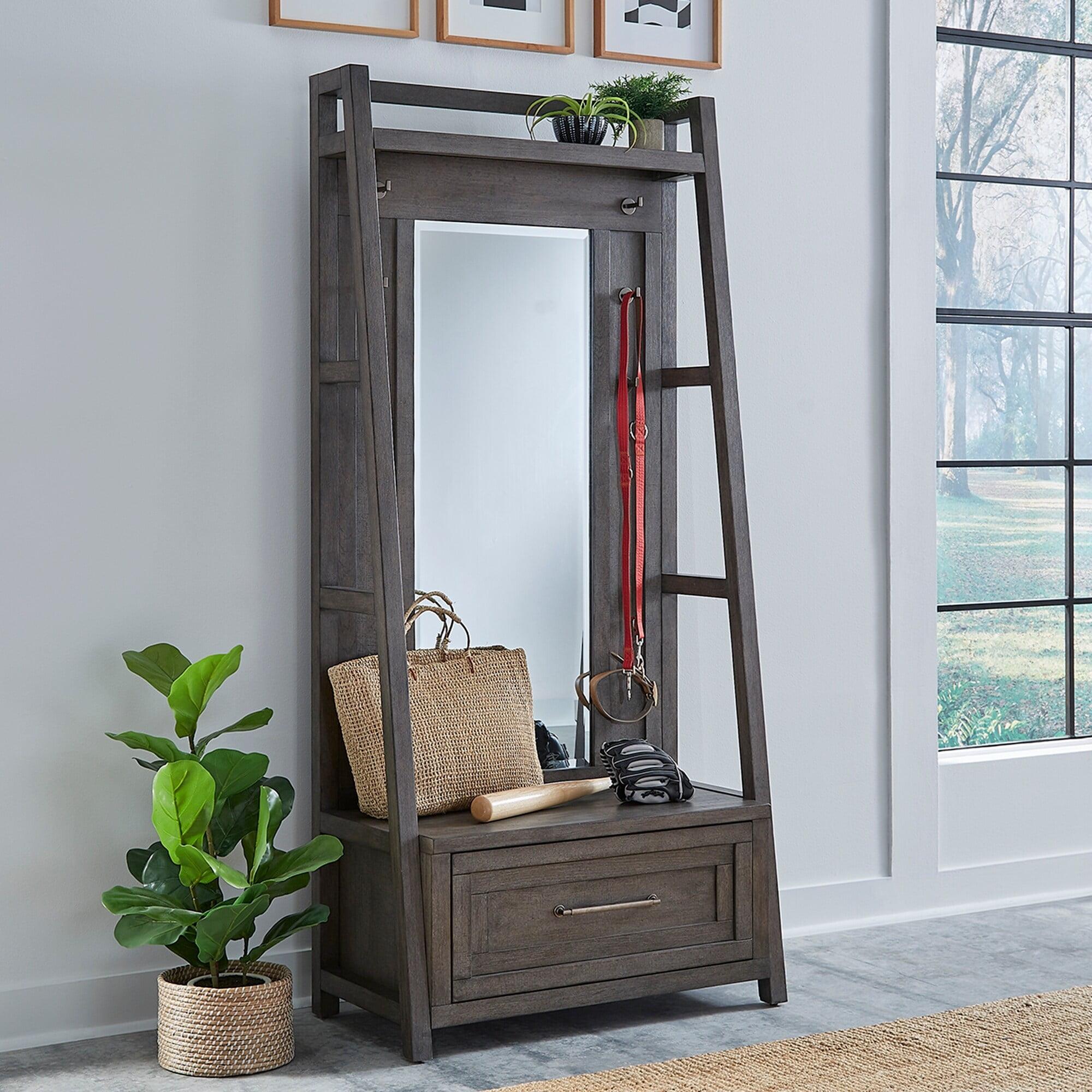 Dusty Charcoal Poplar and Oak Hall Tree with Mirror