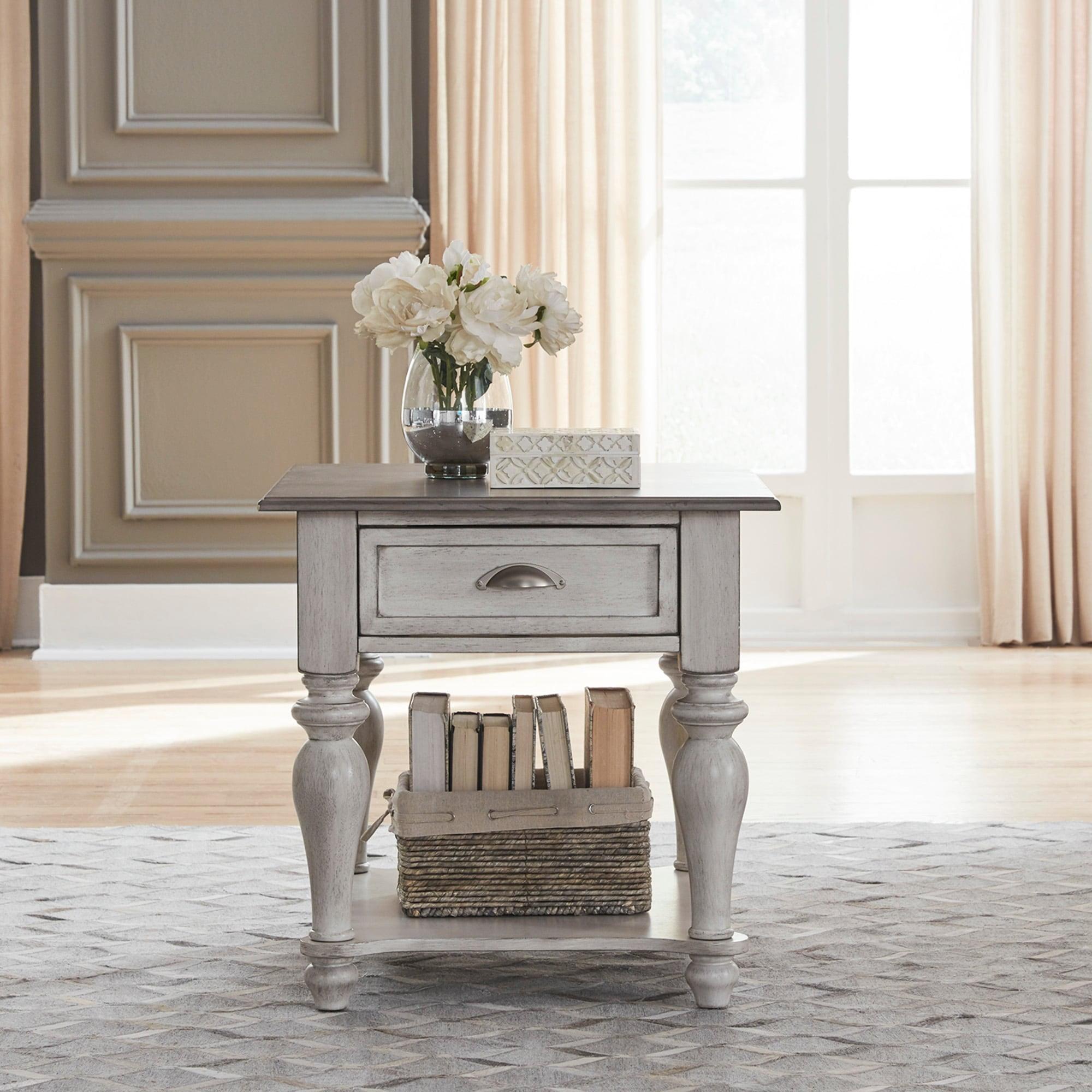 Antique White and Weathered Pine 1-Drawer End Table with Storage