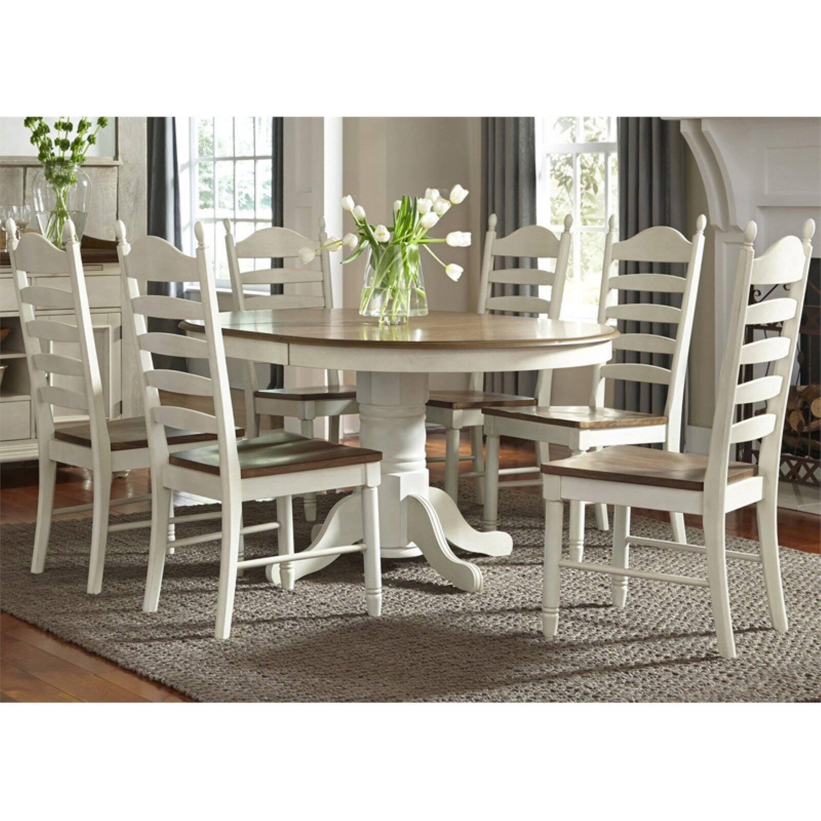 Cream and Oak 7-Piece Farmhouse Pedestal Dining Set