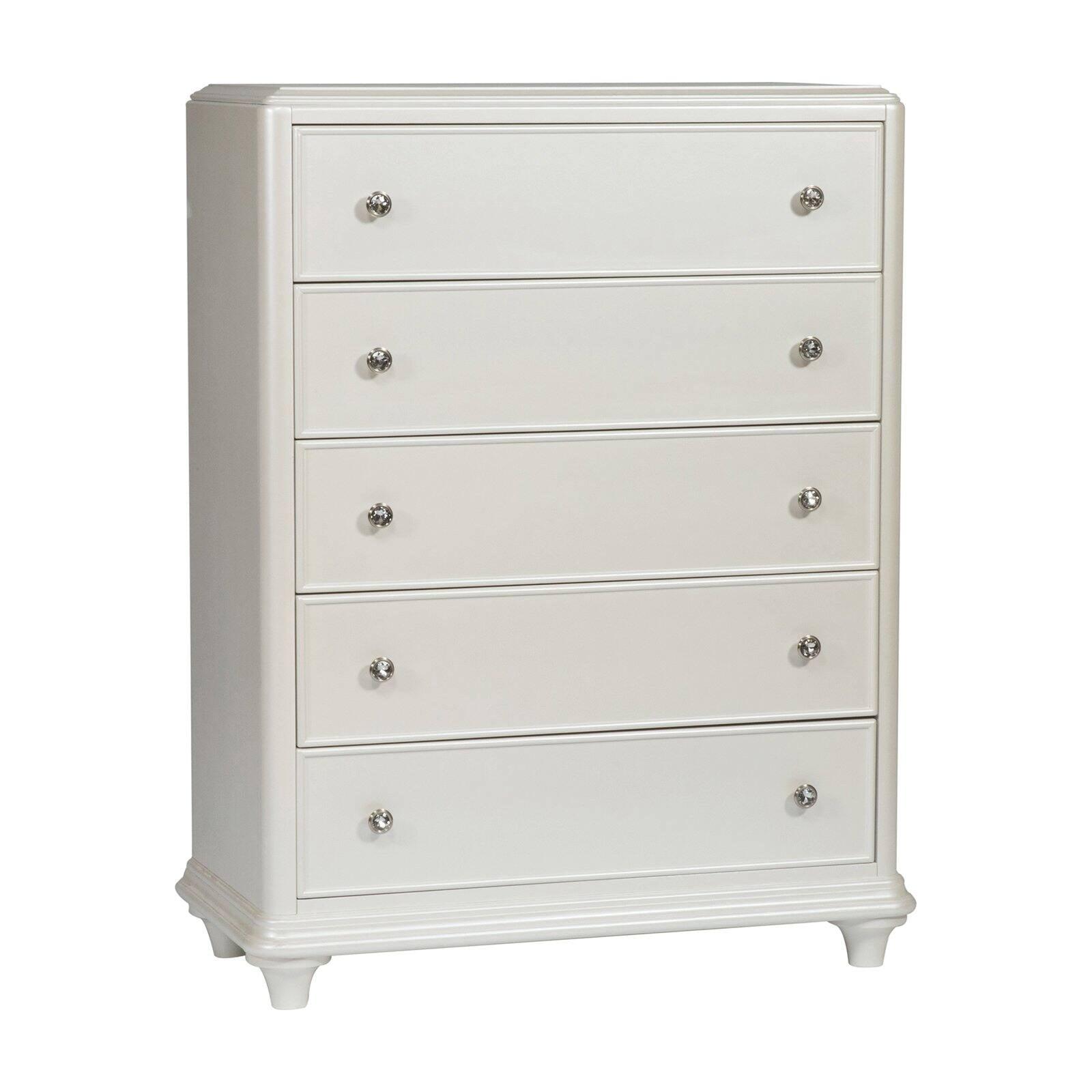 Stardust Iridescent White 5-Drawer Dresser with Crystal Knobs